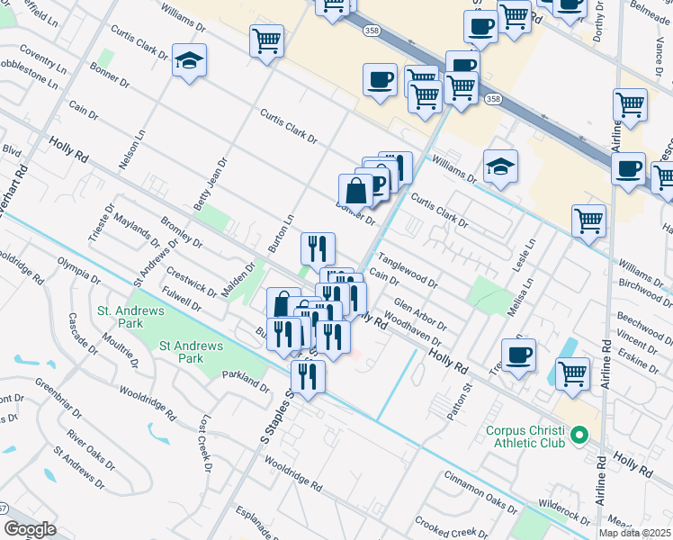 map of restaurants, bars, coffee shops, grocery stores, and more near 5550 Holly Road in Corpus Christi