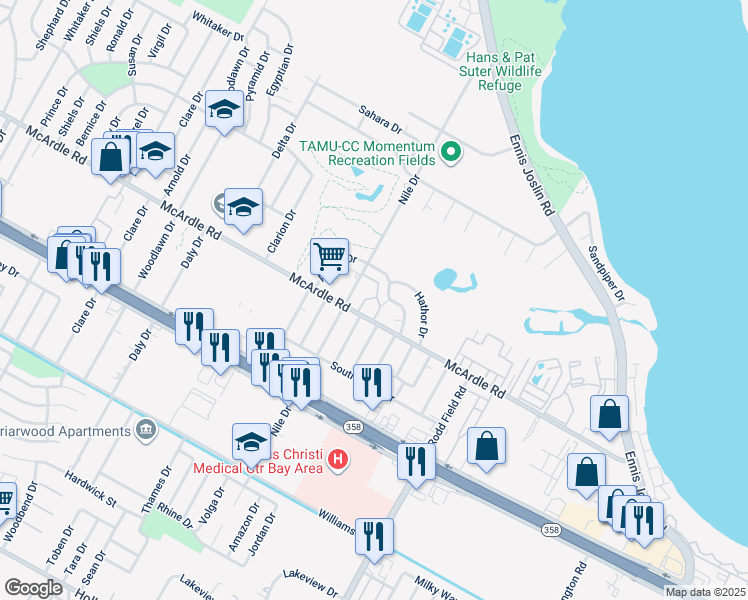 map of restaurants, bars, coffee shops, grocery stores, and more near 6914 McArdle Road in Corpus Christi