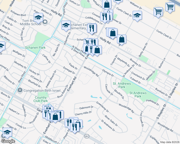 map of restaurants, bars, coffee shops, grocery stores, and more near 4825 Augusta Circle in Corpus Christi
