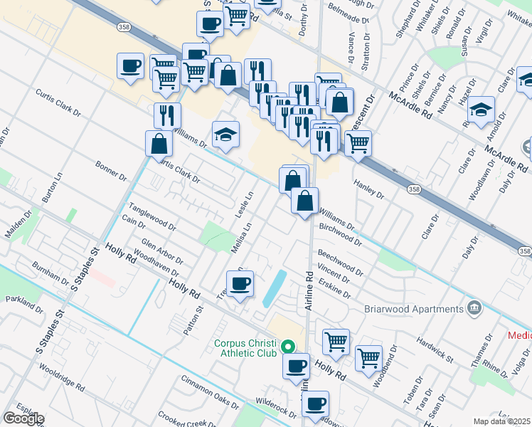 map of restaurants, bars, coffee shops, grocery stores, and more near 1721 Melisa Lane in Corpus Christi