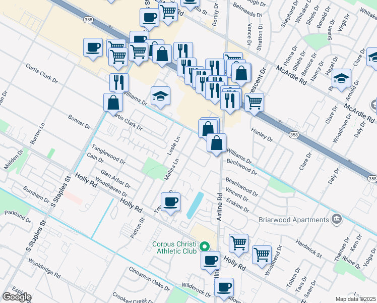 map of restaurants, bars, coffee shops, grocery stores, and more near 1721 Melisa Lane in Corpus Christi