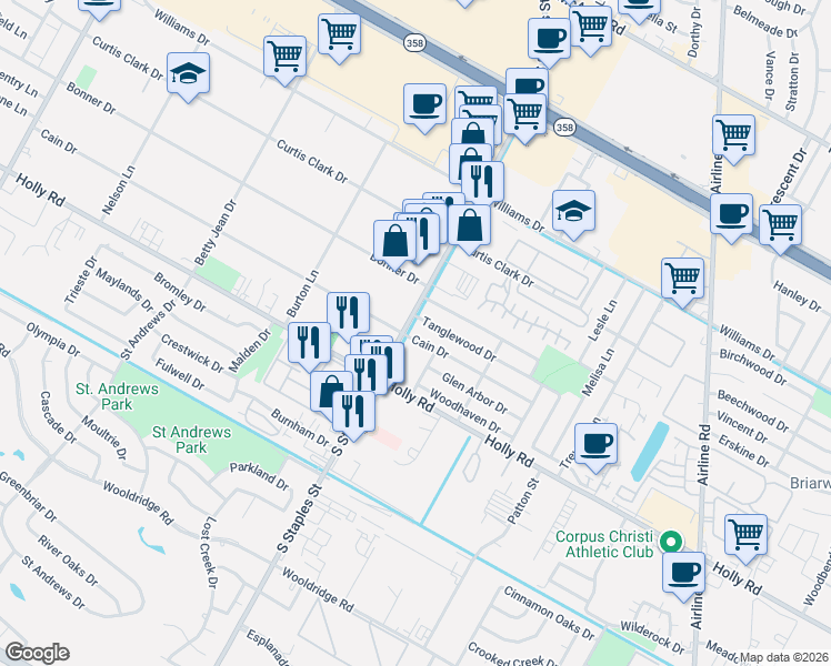 map of restaurants, bars, coffee shops, grocery stores, and more near 5606 Tanglewood Drive in Corpus Christi