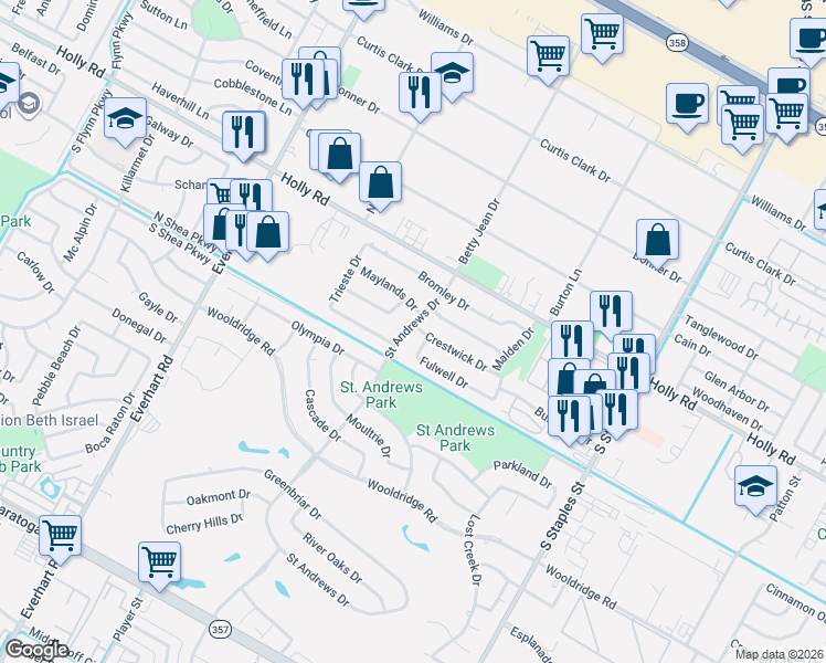 map of restaurants, bars, coffee shops, grocery stores, and more near 5801 Saint Andrews Drive in Corpus Christi