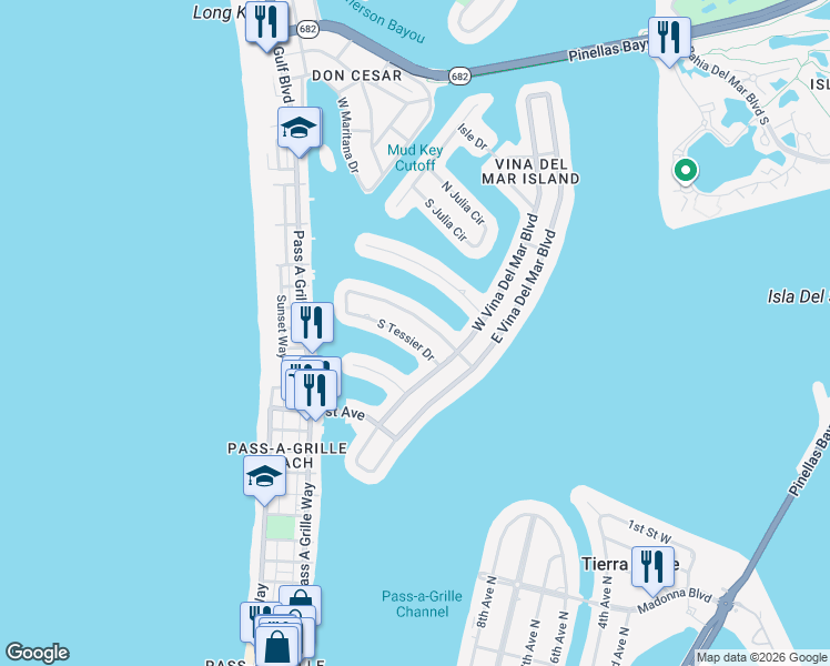 map of restaurants, bars, coffee shops, grocery stores, and more near 315 South Tessier Drive in St. Pete Beach