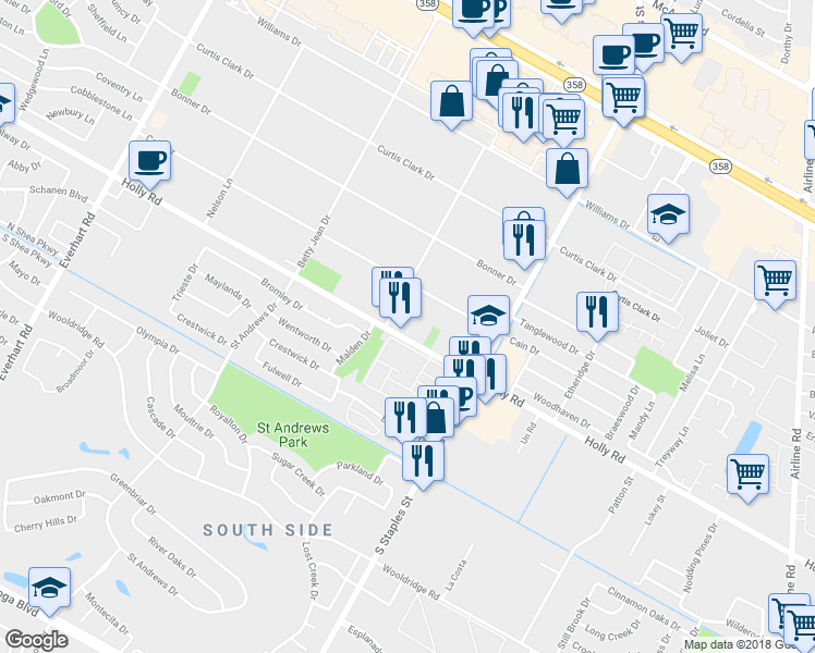 map of restaurants, bars, coffee shops, grocery stores, and more near 5420 Holly Road in Corpus Christi
