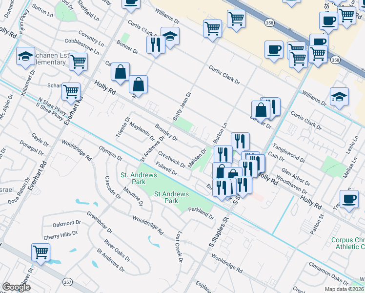 map of restaurants, bars, coffee shops, grocery stores, and more near 5310 Ridgewood Court in Corpus Christi
