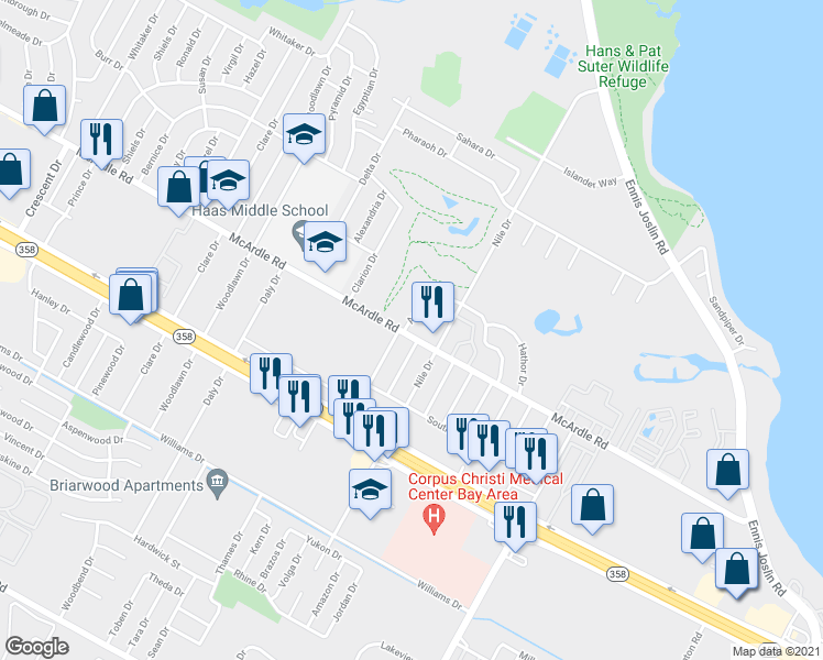 map of restaurants, bars, coffee shops, grocery stores, and more near 6801 Aswan Drive in Corpus Christi