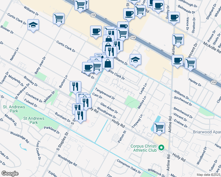 map of restaurants, bars, coffee shops, grocery stores, and more near 5714 Bonner Drive in Corpus Christi