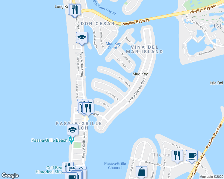 map of restaurants, bars, coffee shops, grocery stores, and more near 310 North Tessier Drive in Saint Pete Beach