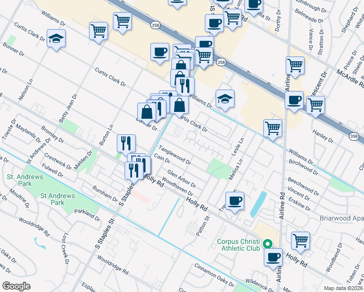 map of restaurants, bars, coffee shops, grocery stores, and more near 5702 Bonner Drive in Corpus Christi