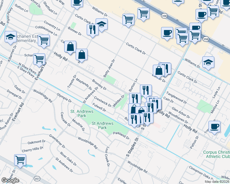 map of restaurants, bars, coffee shops, grocery stores, and more near 5310 Ridgewood Court in Corpus Christi