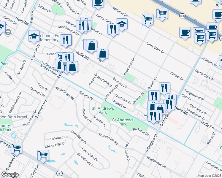 map of restaurants, bars, coffee shops, grocery stores, and more near 5801 Saint Andrews Drive in Corpus Christi
