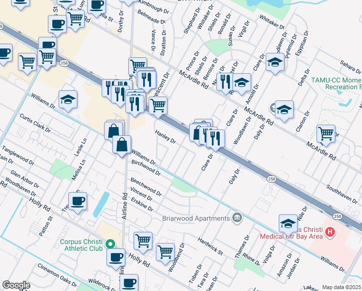 map of restaurants, bars, coffee shops, grocery stores, and more near Hanley Drive in Corpus Christi