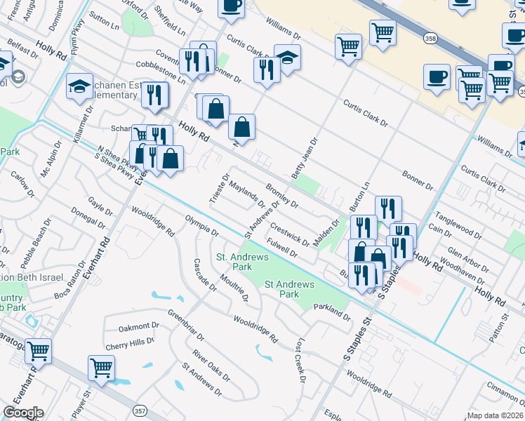 map of restaurants, bars, coffee shops, grocery stores, and more near 5801 Saint Andrews Drive in Corpus Christi
