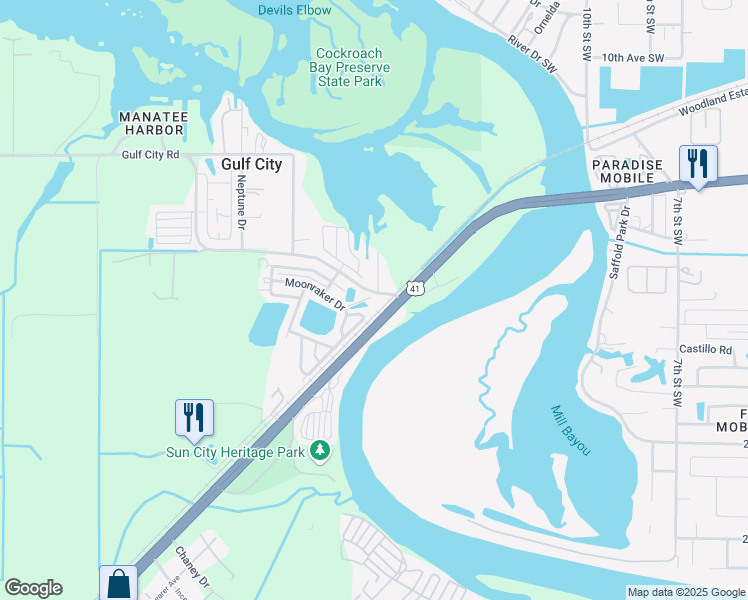 map of restaurants, bars, coffee shops, grocery stores, and more near 3 Chips Drive in Ruskin