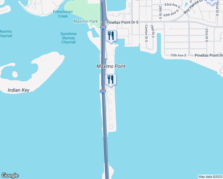 map of restaurants, bars, coffee shops, grocery stores, and more near 7400 Sunshine Skyway Lane South in St. Petersburg