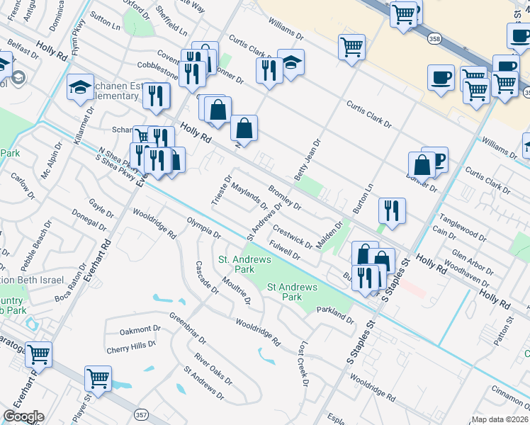map of restaurants, bars, coffee shops, grocery stores, and more near 5801 Saint Andrews Drive in Corpus Christi