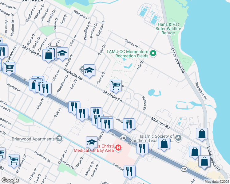 map of restaurants, bars, coffee shops, grocery stores, and more near 6809 Aswan Drive in Corpus Christi