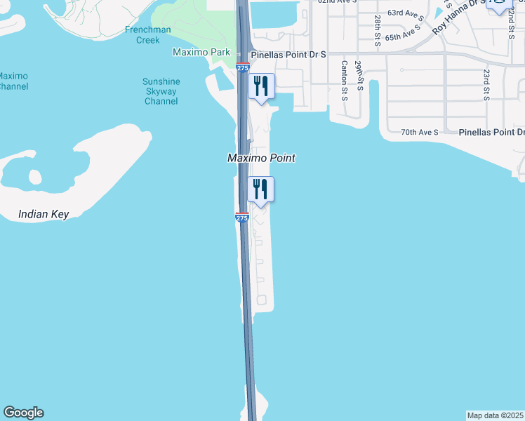 map of restaurants, bars, coffee shops, grocery stores, and more near 7400 Sunshine Skyway Lane South in St. Petersburg