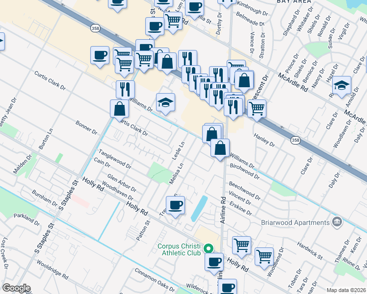 map of restaurants, bars, coffee shops, grocery stores, and more near 1721 Melisa Lane in Corpus Christi