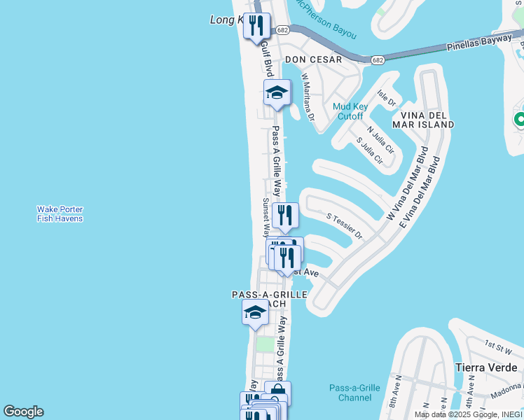 map of restaurants, bars, coffee shops, grocery stores, and more near 2508 Sunset Way in St. Pete Beach
