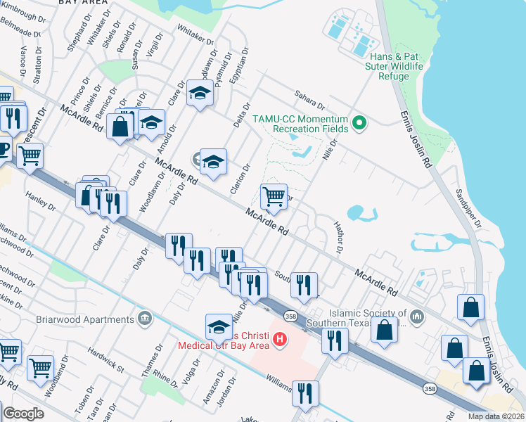 map of restaurants, bars, coffee shops, grocery stores, and more near 6809 Aswan Drive in Corpus Christi