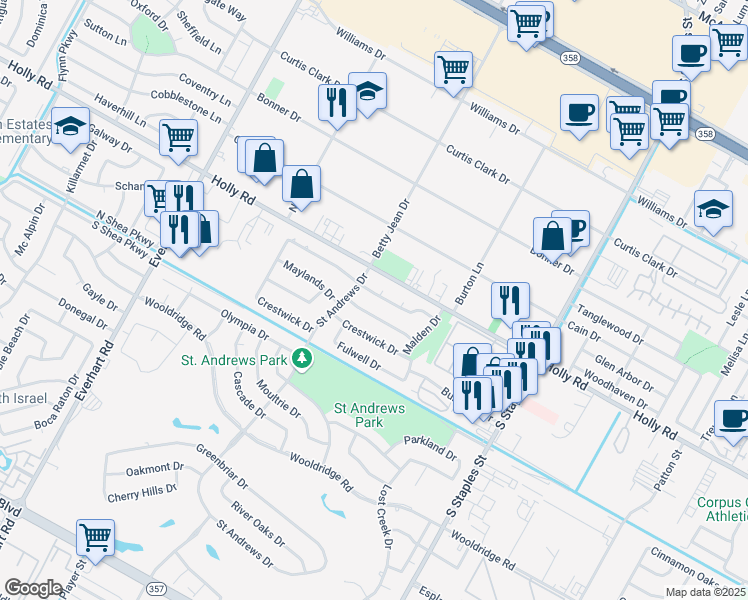 map of restaurants, bars, coffee shops, grocery stores, and more near 5213 Bromley Drive in Corpus Christi