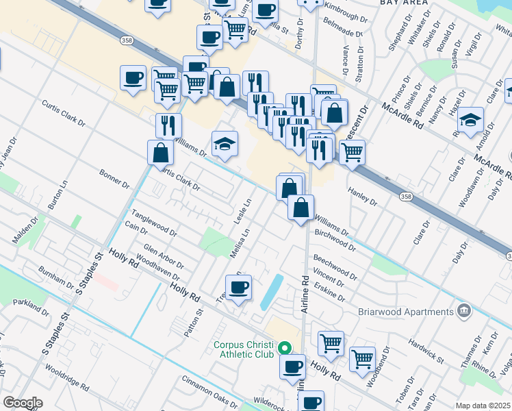 map of restaurants, bars, coffee shops, grocery stores, and more near 1721 Melisa Lane in Corpus Christi