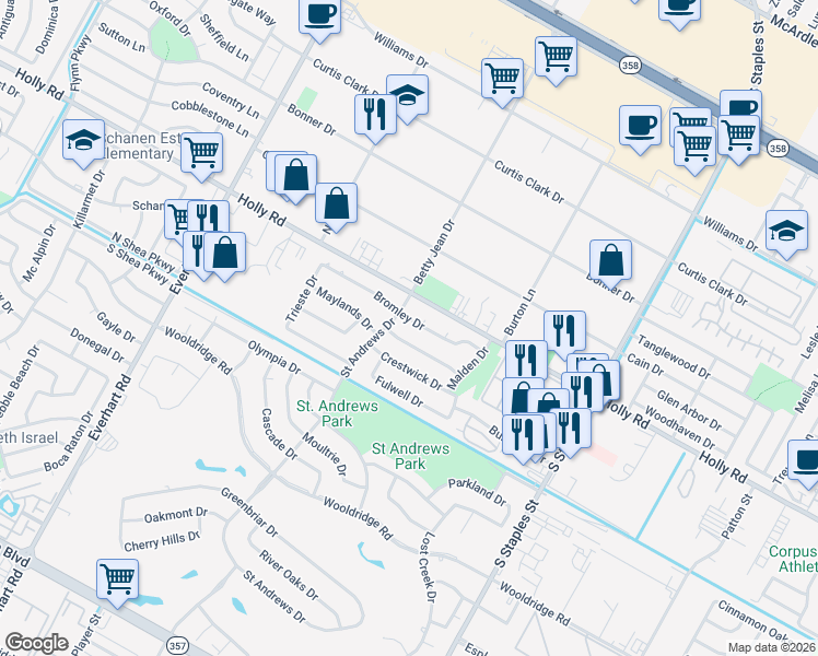 map of restaurants, bars, coffee shops, grocery stores, and more near 5213 Bromley Drive in Corpus Christi