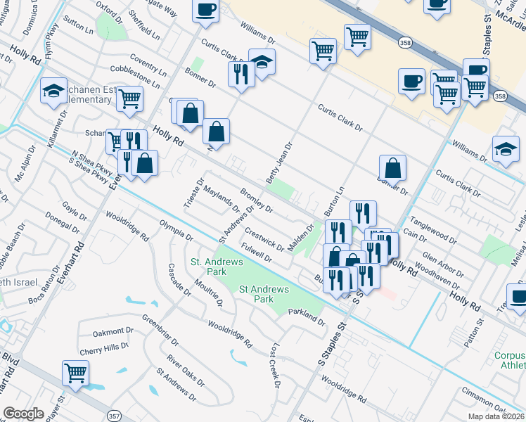 map of restaurants, bars, coffee shops, grocery stores, and more near 5213 Bromley Drive in Corpus Christi