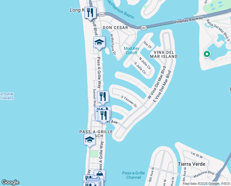 map of restaurants, bars, coffee shops, grocery stores, and more near 185 South Tessier Drive in St. Pete Beach
