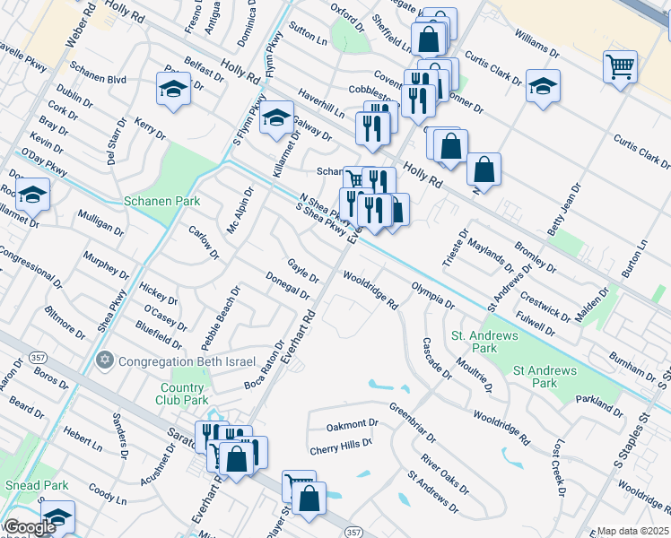 map of restaurants, bars, coffee shops, grocery stores, and more near Everhart Rd & Wooldridge Rd in Corpus Christi