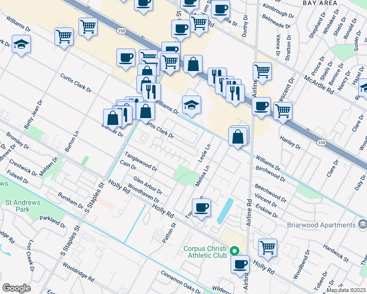 map of restaurants, bars, coffee shops, grocery stores, and more near 5749 Curtis Clark Drive in Corpus Christi