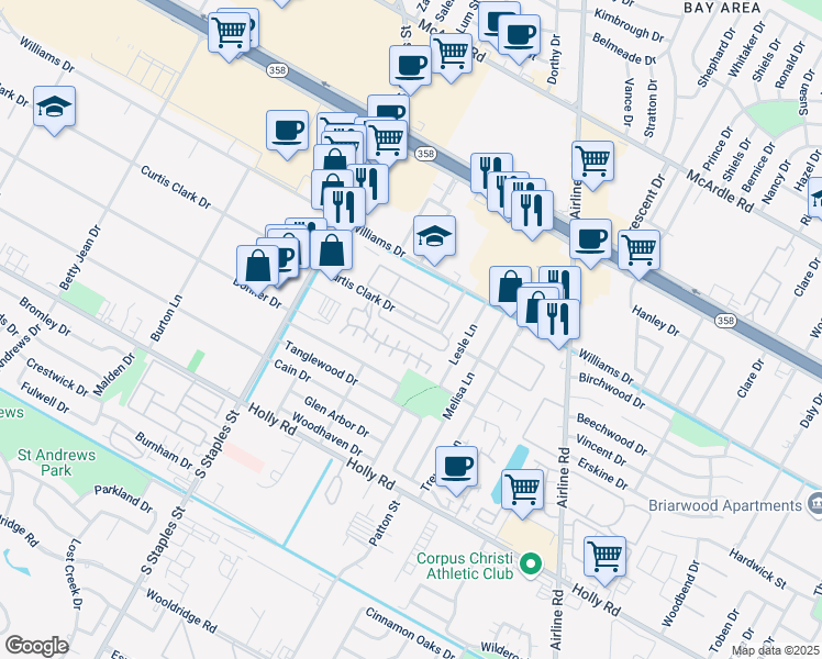 map of restaurants, bars, coffee shops, grocery stores, and more near 5749 Curtis Clark Drive in Corpus Christi