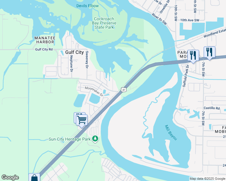 map of restaurants, bars, coffee shops, grocery stores, and more near 3 Chips Drive in Ruskin