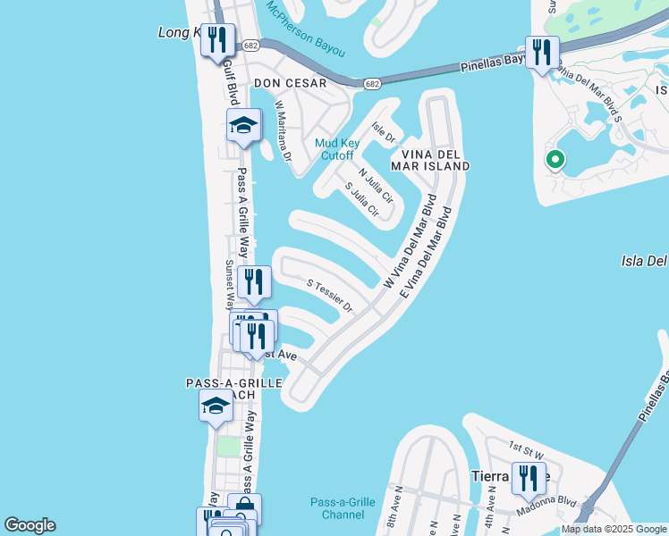 map of restaurants, bars, coffee shops, grocery stores, and more near 270 North Tessier Drive in St. Pete Beach