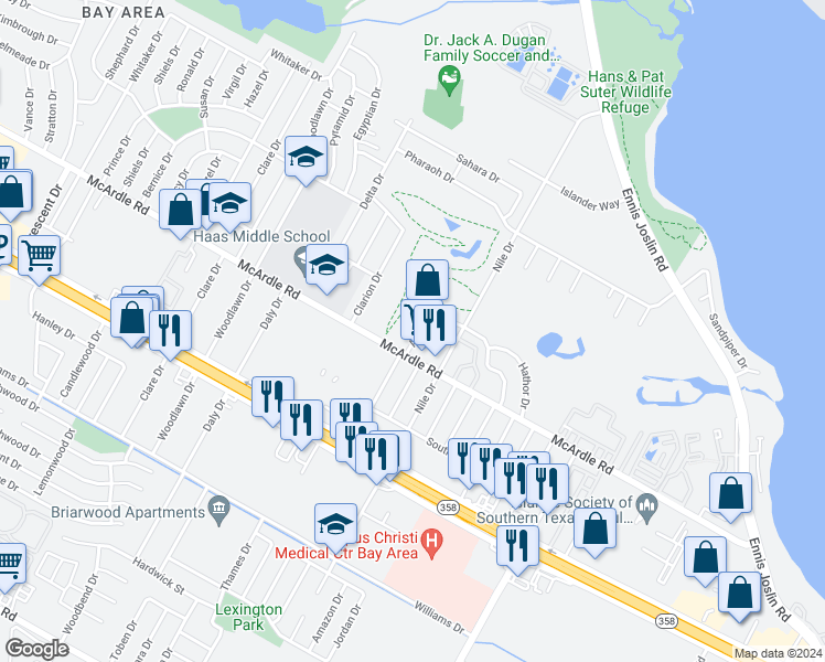 map of restaurants, bars, coffee shops, grocery stores, and more near 6814 Aswan Drive in Corpus Christi