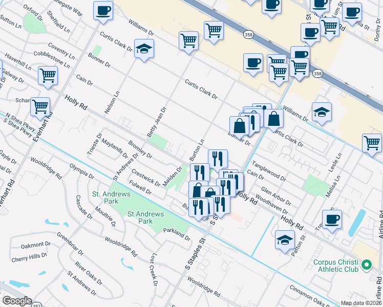 map of restaurants, bars, coffee shops, grocery stores, and more near 5402 Holly Road in Corpus Christi