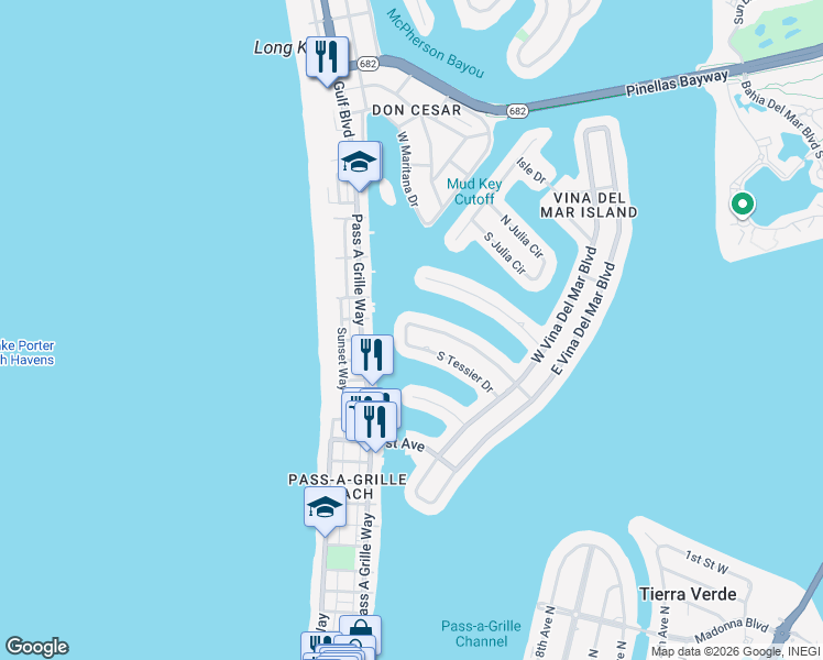 map of restaurants, bars, coffee shops, grocery stores, and more near 185 South Tessier Drive in St. Pete Beach