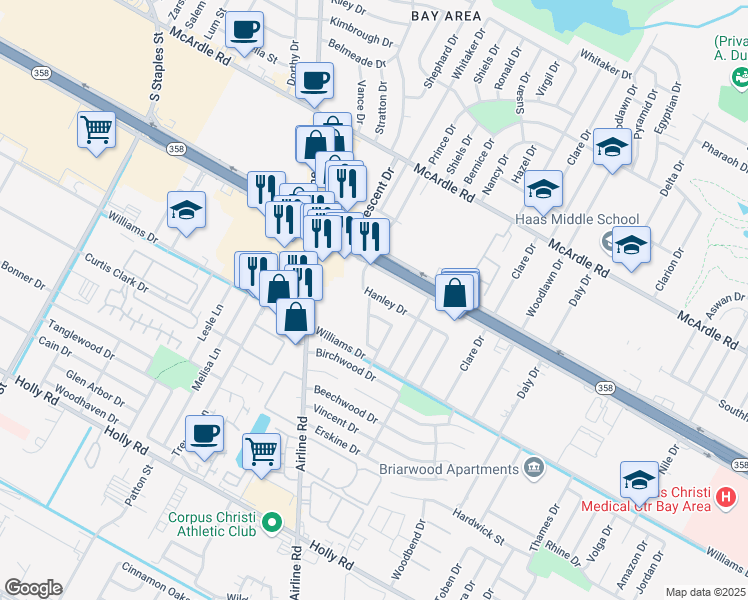 map of restaurants, bars, coffee shops, grocery stores, and more near 6209 Hanley Drive in Corpus Christi