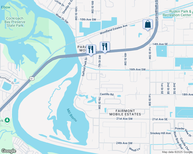 map of restaurants, bars, coffee shops, grocery stores, and more near 919 Timeless Moss Drive in Ruskin
