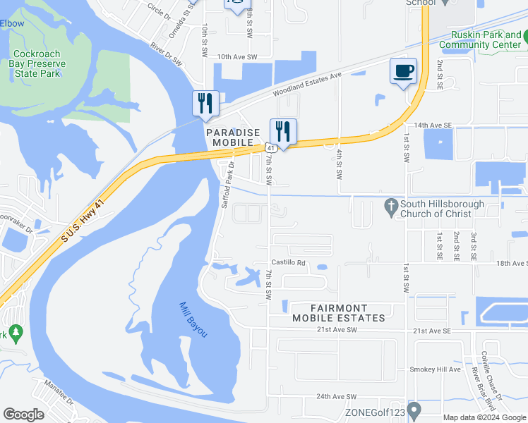 map of restaurants, bars, coffee shops, grocery stores, and more near 919 Timeless Moss Drive in Ruskin