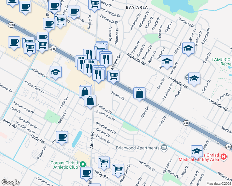 map of restaurants, bars, coffee shops, grocery stores, and more near 6201 South Padre Island Drive in Corpus Christi