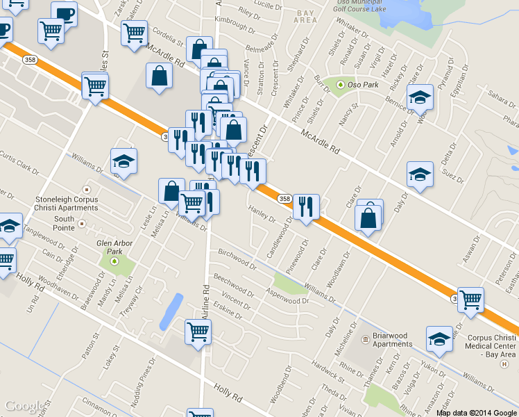 map of restaurants, bars, coffee shops, grocery stores, and more near 6201 South Padre Island Drive in Corpus Christi