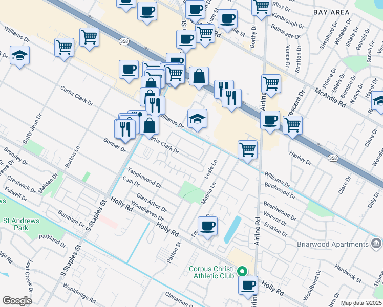 map of restaurants, bars, coffee shops, grocery stores, and more near 2 Curtis Clark Drive in Corpus Christi