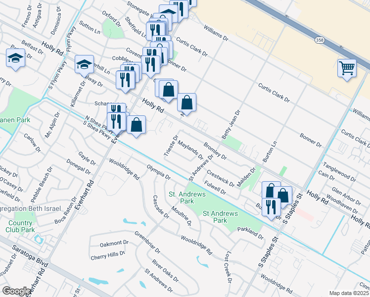 map of restaurants, bars, coffee shops, grocery stores, and more near 5014 Maylands Drive in Corpus Christi