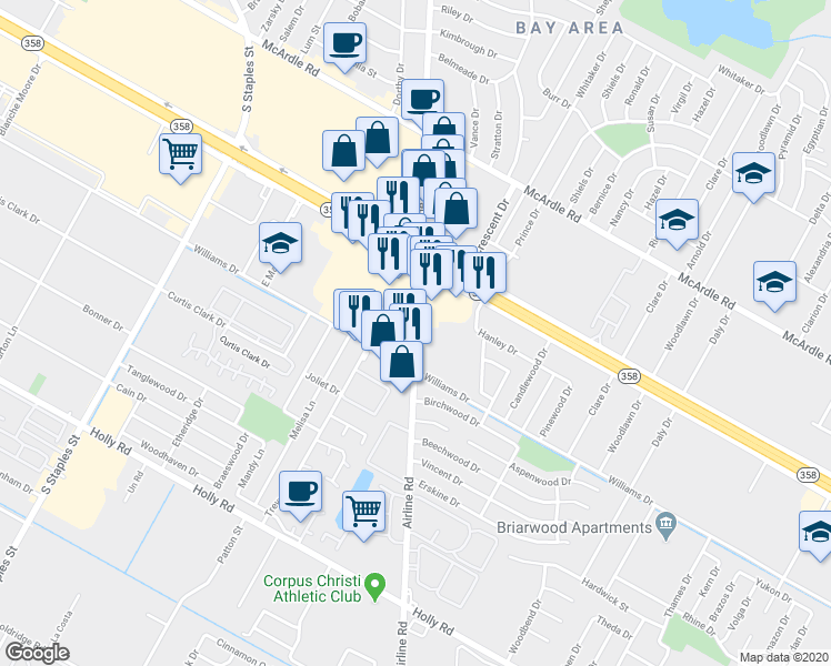 map of restaurants, bars, coffee shops, grocery stores, and more near 1641 Airline Road in Corpus Christi