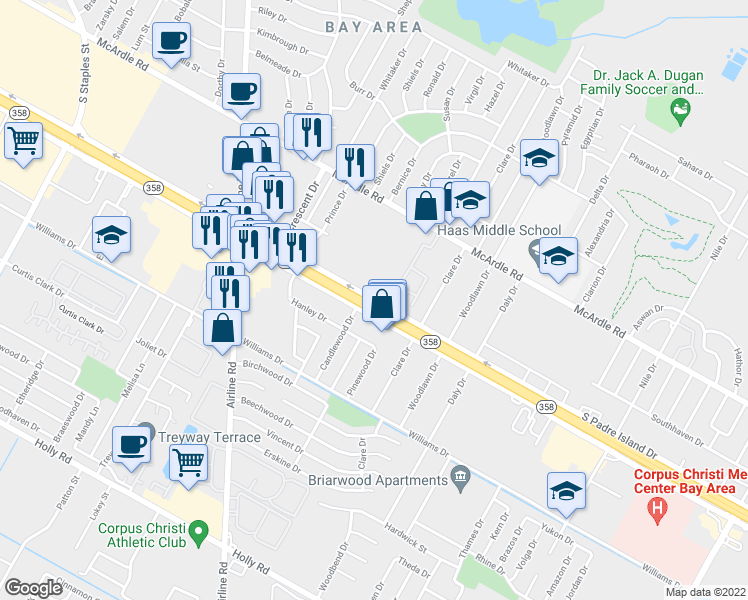 map of restaurants, bars, coffee shops, grocery stores, and more near 6250 South Padre Island Drive in Corpus Christi