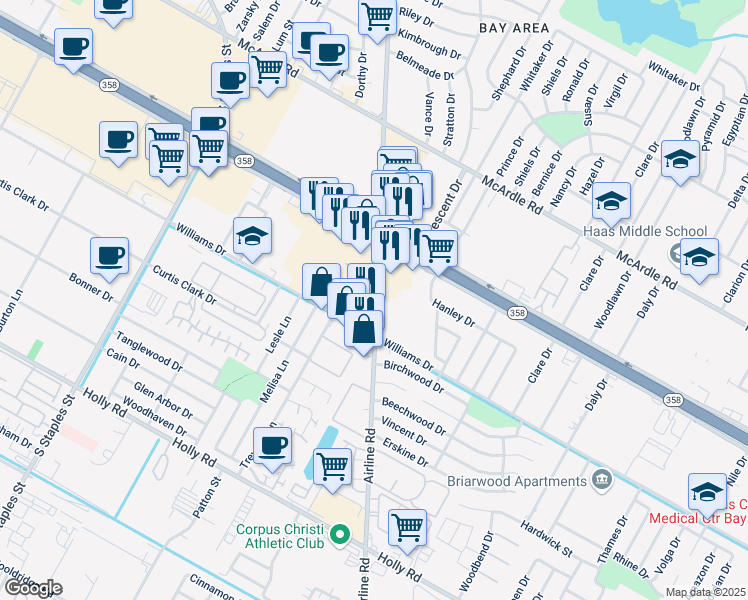 map of restaurants, bars, coffee shops, grocery stores, and more near 1601 Airline Road in Corpus Christi