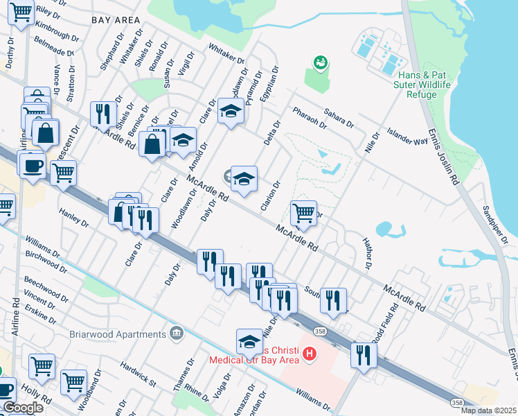 map of restaurants, bars, coffee shops, grocery stores, and more near 1218 Clarion Drive in Corpus Christi